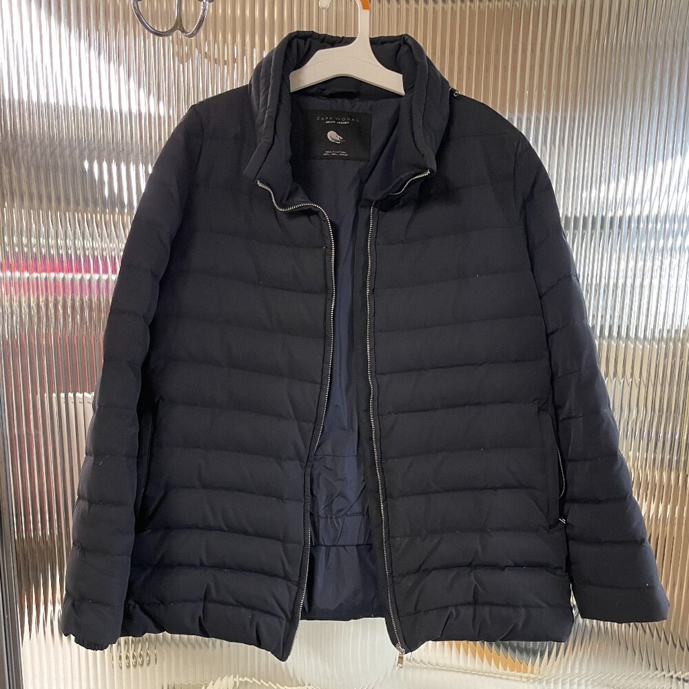 Zara Woman Down Jacket Womens Navy Puffer Jacket US Large Full Zip Coat